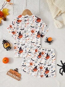 男童休闲时尚万圣节卡通鬼魂和南瓜印花短袖衬衫和短裤睡衣套装