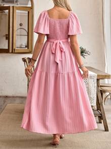 SHEIN Women's Casual Ruffle Sleeve Bow Back Design Maternity A-Line Dress - Pink - View 2