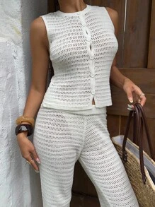 Sunnyshic 2 pièces set Pulls ajourés décontractés pour femmes, pour le quotidien et les vacances, design minimaliste - Blanc - Voir 3