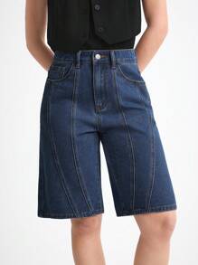 女士休闲水洗宽松牛仔短裤 - 深色水洗藍 - 查看 4