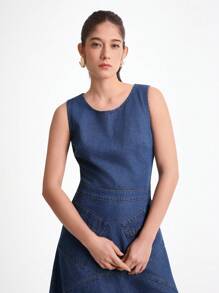 Daynim 1 件女式纯色不对称下摆休闲无袖牛仔连衣裙 - 中等水洗藍 - 查看 5