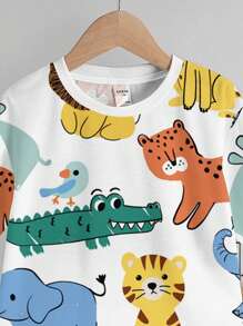 SHEIN 2pcs/Set Baby Boy Casual Cartoon Animal Print Round Neck Short Sleeve T-Shirt And Shorts Set, Summer - Multicolor - View 5