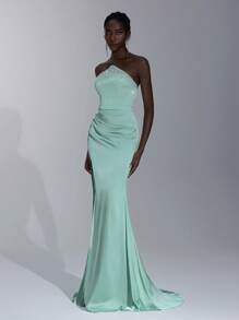 Elitara 优雅蓝绿色缎面不对称露肩高领水钻装饰高腰鱼尾连衣裙，侧高开衩，适合约会、生日派对、舞会、毕业典礼、婚礼、正式场合 - 霧霾藍 - 查看 7