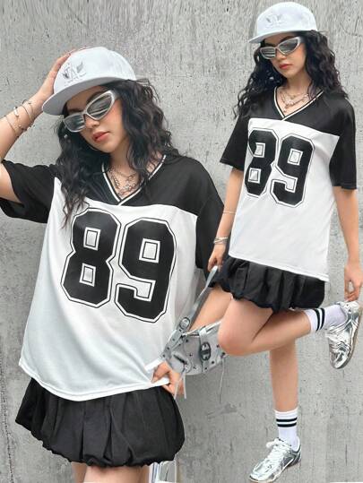 Teen Girls Fashion Loose Fit V-Neck Short Sleeve T-Shirt With Needle & Thread, Letter & Number Print, Co-Ord Set With Puff Skirt And Inner Shorts, Spring/Summer