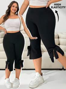 Solflare Pantalones casuales de talla grande para mujer con lazo y abertura lateral de 3/4, para primavera y verano, Día de San Valentín - Negro - Ver 3