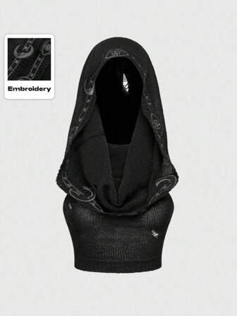 Goth Pull tricoté à capuche avec gland, style boho goth mystique brodé, pour femmes