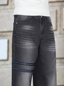 Manfinity Homme American Style High Street Webbed Decoration Straight Leg Jeans For Men, Vintage Grey Baggy Jeans - Black - View 7