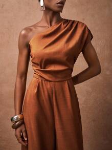 Zivah 2025 夏季新款休闲通勤度假气质棕色单肩褶皱阔腿长款女连体裤，毕业季，日常旅行，优雅，派对聚会，节日，早午餐装，机场装，返校，通勤，购物，旅行，约会，婚礼，度假 - 棕色 - 查看 8