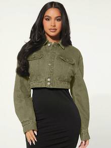 SHEIN SXY Women's Long Sleeve Single Button Casual Loose Short Denim Jacket - Olive Green - View 5