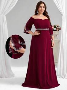 Coutiva Vestido de noche formal de talla grande con hombros descubiertos, cintura ceñida, abertura y decoración de cristales (estilo muy adornado)