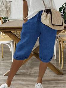 Breezaya 女士纯色抽绳休闲松紧腰短裤，适合假期穿着 - 藍色 - 查看 5