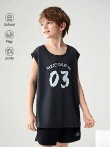 JNSQ Parte superior deportiva casual al aire libre para volver a la escuela, camiseta sin mangas con estampado de letras divertidas de cuello redondo para niño preadolescente - Negro - Ver 1