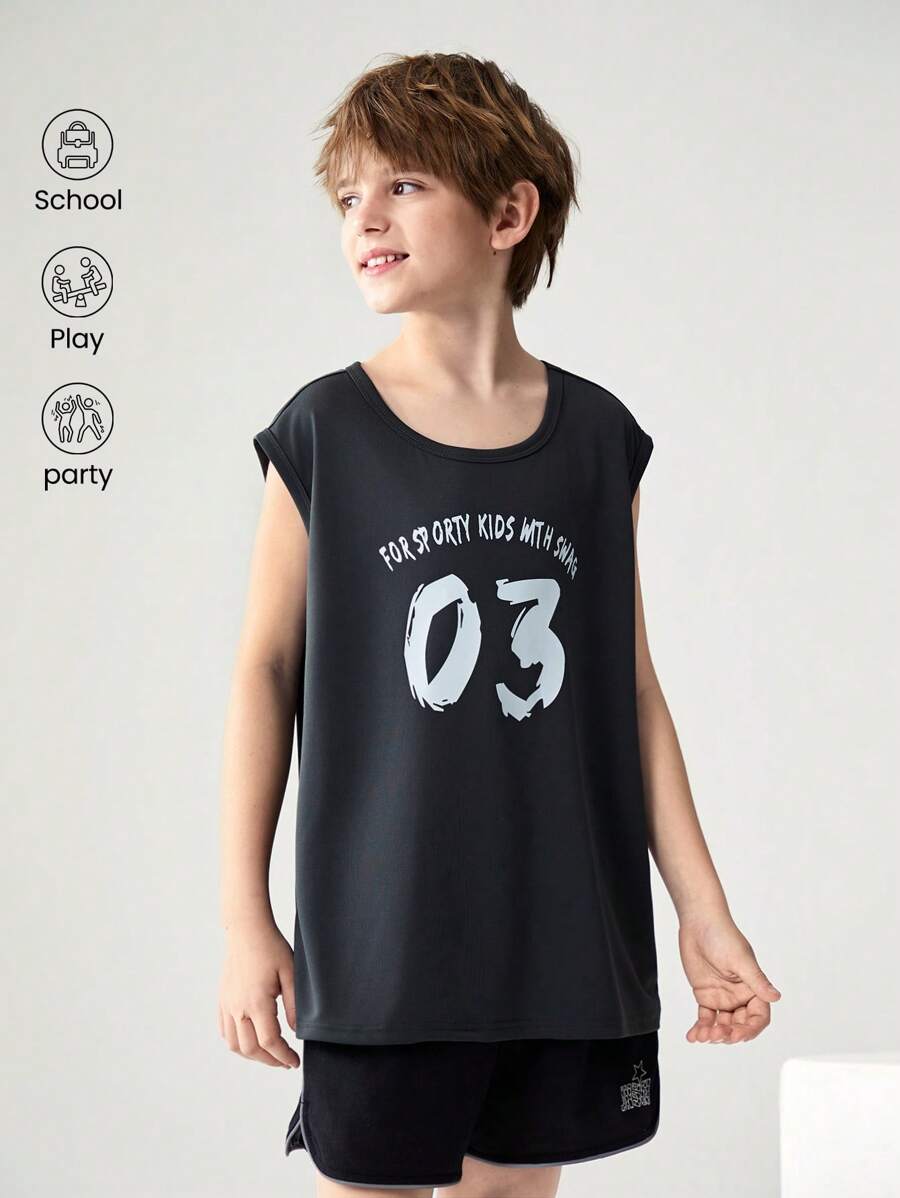 JNSQ Parte superior deportiva casual al aire libre para volver a la escuela, camiseta sin mangas con estampado de letras divertidas de cuello redondo para niño preadolescente - Negro - Ver 1