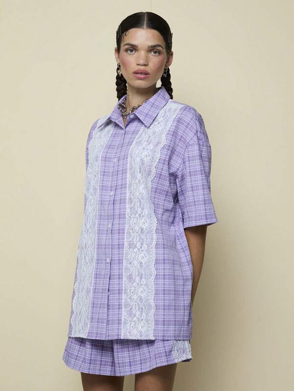 COUREZ Unisex Short Sleeve Check Shirt With Lace Detail /Y2K Vacation Outfits Women Women Summer Clothes Going Out Outfits Cute