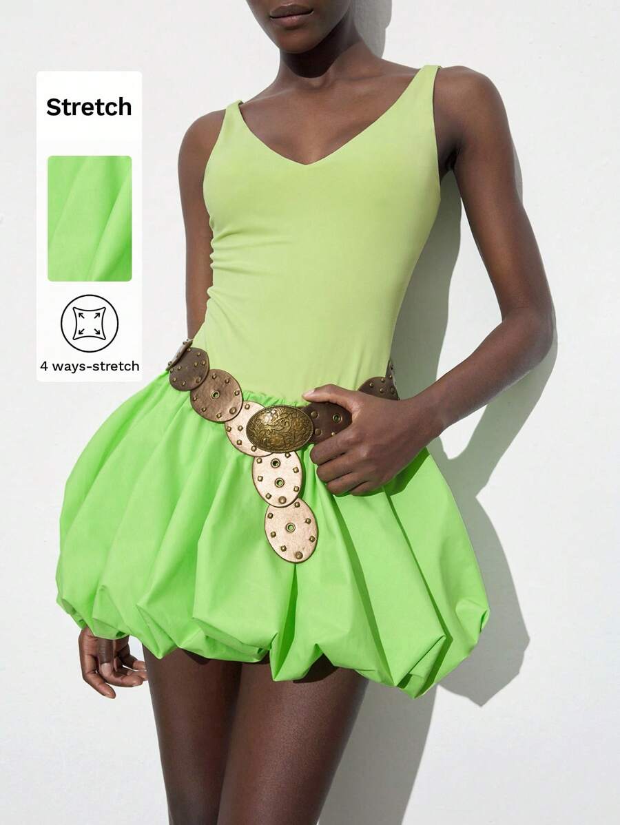 Maija Women's V-Neck Bubble Hem Short Sleeveless Green Spring Dress,Boho - Green - View 1