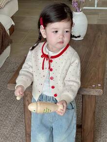 DAZY Baby Girl Casual Cute Polka Dot Pattern Colorblock Bow Decor Cardigan