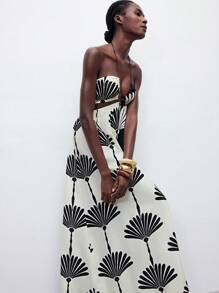 Maija Abito loose con collo a coulisse, effetto colorblock bianco e nero, con stampa, con frange e design traforato, stile casual da vacanza e spiaggia, versatile per primavera/estate
