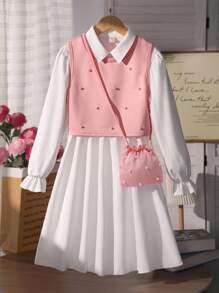 Conjunto de vestido de manga abullonada y chaleco de perla sólido con bolsa a juego para niña preadolescente - Rosa - Ver 9