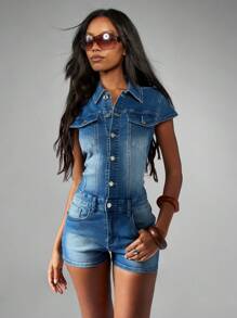 MISSGUIDED Denim Romper Button Front Playsuit Cap Sleeve Collared Summer Festival Fashion Short Jumpsuit Fitted Jean Casual Streetwear Spring Vacation