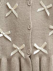 SHEIN 女童休闲可爱蝴蝶结装饰插肩袖荷叶边下摆纽扣开衫和阔腿针织裤套装，秋冬款