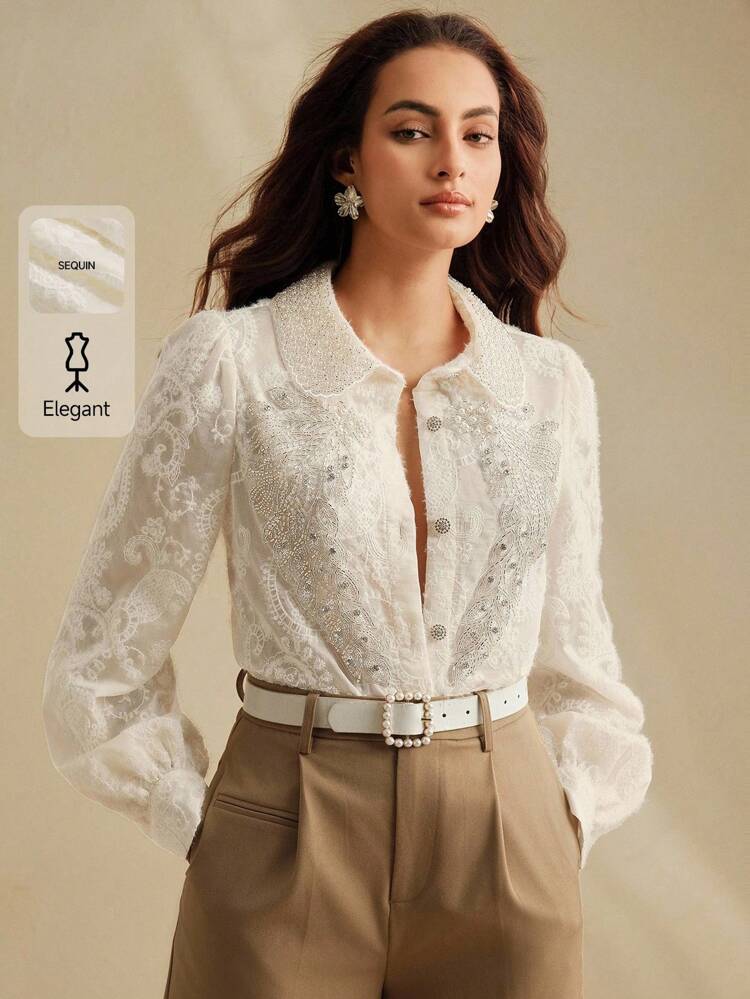 Blusa di lusso da donna con colletto decorato - Decorato con strass e perle