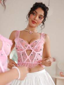 SHEIN 1 pieza Sujetador sexy con aros bordado de encaje para mujer - Rosa - Ver 4