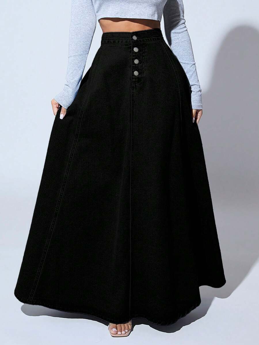 SHEIN SXY Long Front Button Plain Denim Maxi Skirt, Elegant Office Wear Long Denim Skirt - Black - View 1