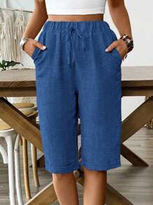 Breezaya 女士纯色抽绳休闲松紧腰短裤，适合假期穿着 - 藍色 - 查看 3