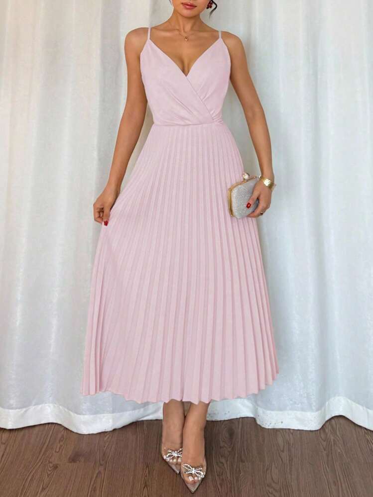 Rafferiza Islaluna 女士高级优雅法式 V 领吊带褶皱连衣裙 - 粉色 - 查看 3