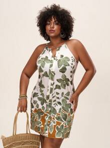 Comfylo SHEINLUNE 大码女式绿色花卉印花休闲度假无袖连衣裙 音乐会服装 女式狂欢服装 节日狂欢服装 乡村音乐会服装 纳什维尔服装 伊比沙岛服装 西部服装 女式波西米亚风度假服装 女式优雅度假服装 女式早午餐服装 圣帕特里克节 圣帕特里克节