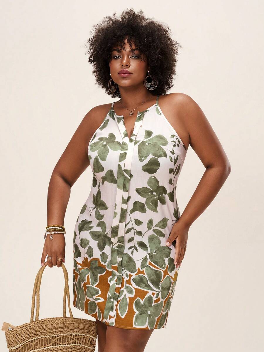 Comfylo SHEINLUNE 大码女式绿色花卉印花休闲度假无袖连衣裙 音乐会服装 女式狂欢服装 节日狂欢服装 乡村音乐会服装 纳什维尔服装 伊比沙岛服装 西部服装 女式波西米亚风度假服装 女式优雅度假服装 女式早午餐服装 圣帕特里克节 圣帕特里克节