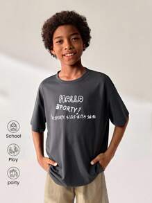 JNSQ 青少年男孩户外休闲运动宽松T恤，儿童圆领趣味字母图形印花户外休闲运动宽松T恤