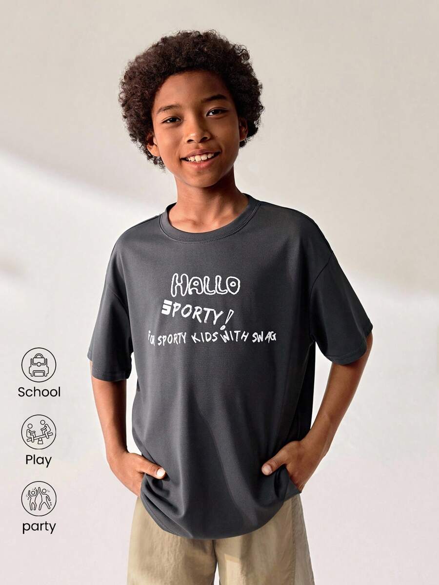 JNSQ 青少年男孩户外休闲运动宽松T恤，儿童圆领趣味字母图形印花户外休闲运动宽松T恤