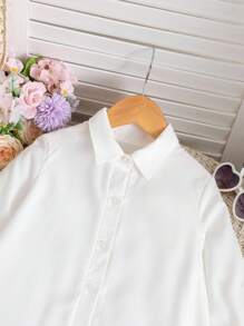 Young Girl Solid Color Long Sleeve Ruffle Hem Casual Shirt Dress Fall Winter - White - View 6