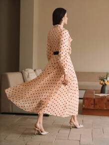 Anewsta Vestido largo de manga larga con cuello de tortuga de línea A y cintura ceñida, vestido de organza maxi para mujer con lunares elegante