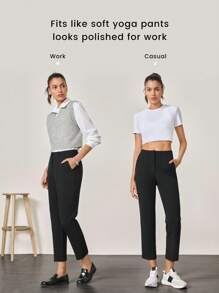 GLOWMODE 抗皱弹性易穿高腰锥形工作裤，带侧袋，日常休闲办公 - 黑色 - 查看 2