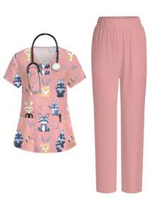 PopScrub 女士卡通印花手术服上衣和裤子护士制服套装 - 彩色 - 查看 1