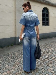 DAZY Bộ đồ liền thân denim đơn hàng ngày tay ngắn cho nữ Bộ đồ liền thân denim Bộ đồ liền thân jean Bộ đồ denim cho nữ Bộ đồ liền thân denim cho nữ - Màu xanh lam - Xem 3
