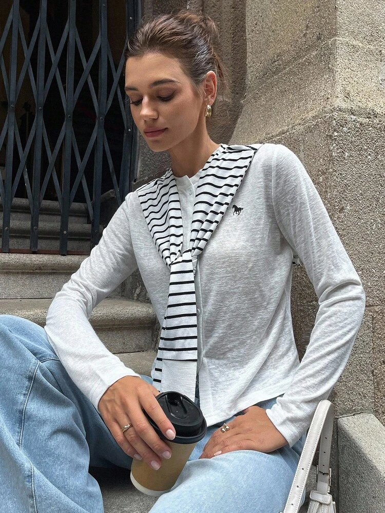 Women's Lightweight T-Shirt With Contrast Color Stripe & Graphic Print, Loose Fit, Spring/Autumn 2pcs Set Striped Cardigan Women Cardigan Cardigan For Women For Summer French Style Clothes