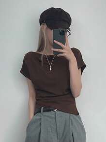 DAZY 女式斜肩褶饰腰休闲T恤学院风上衣 - 棕色 - 查看 3