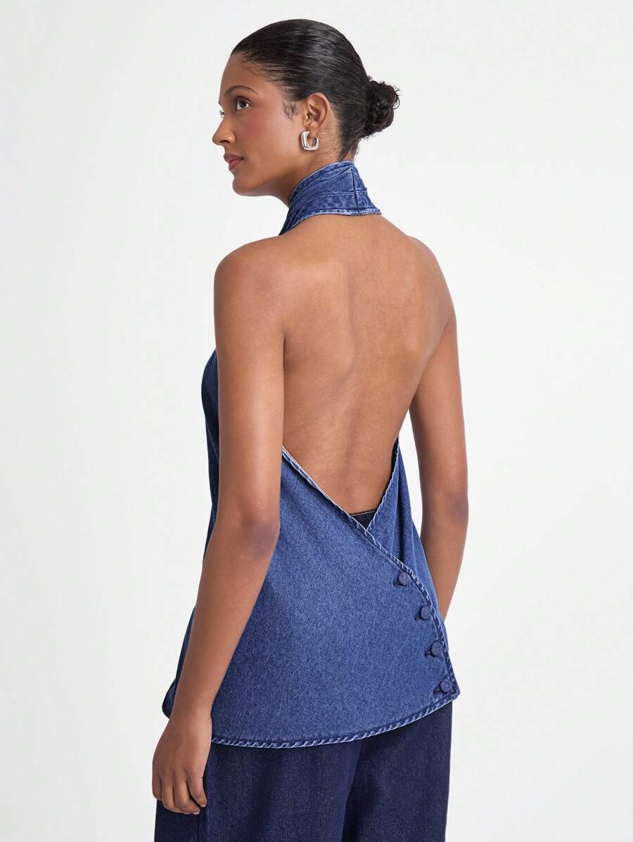 Daynim 女式露背吊带短款牛仔上衣，露背上衣 - 淺色水洗藍 - 查看 1