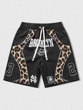 Street Life Shorts casuales con estilo callejero para hombres con parches, estampado de leopardo y gráfico con letras en inglés