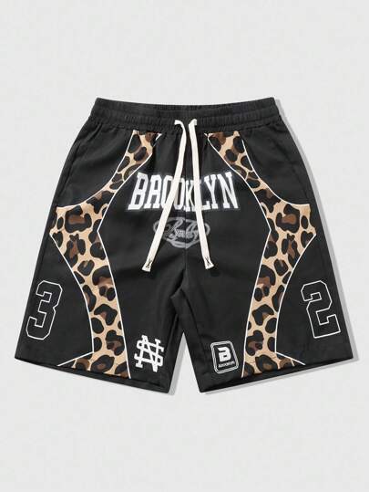 Street Life Men's Street Style Patchwork Leopard Print & English Letter Graphic Casual Shorts