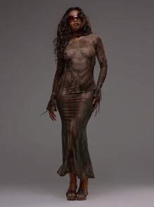 MUSERA Printed Mesh Fitted Flare Sleeve Detail Maxi Dress Sexy Boho Ibiza Festival Holiday Summer Vacation Cute Elegant ,Fall, Winter - Coffee Brown - View 3