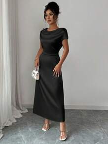 Rafferiza 女士优雅约会/通勤高领系带连衣裙，短袖 - 黑色 - 查看 6