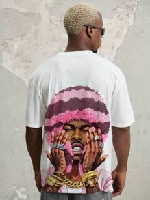 Manfinity Roghcode 超大街头图案印花粉色T恤，宽松领口设计，适合夏季