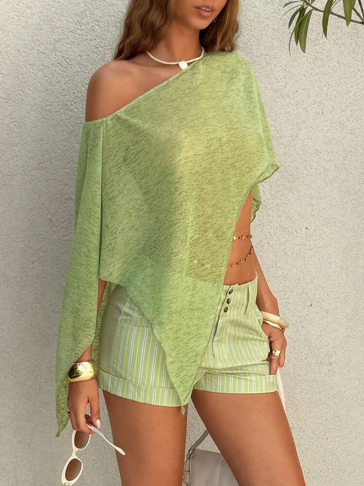 EgrlEra Women's Casual Loose Asymmetrical Hem Blouse, Summer Style - Lime Green - View 1