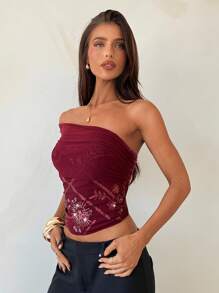 Aloruh 女士性感优雅串珠刺绣拼接酒红色短款 T 恤、返校节上衣、女士可爱上衣、女士机场装、女士外出上衣、女士度假上衣、海岛度假装、女士约会上衣、女士夜间外出上衣 - 酒紅色 - 查看 5