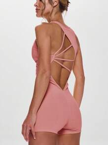 Musera Sport Twist Front Cut Out Back Sleeveless Unitard Active Workout Gym Fitness Summer - Pink - View 3
