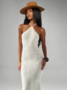MISSGUIDED Crochet Knit Diamond Pattern Halter Neck Maxi Dress Summer Wedding Guest Boho Long Elegant Beach Formal Evening Gown Dress Vacation Party - Apricot - View 3